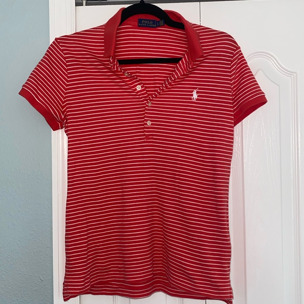 Women’s coral striped Polo